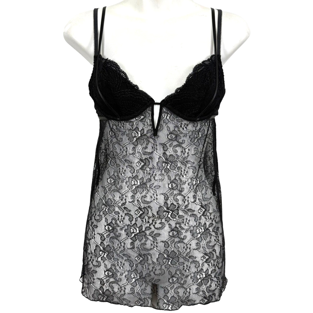 Victorias Secret Black Lace Underwire Sheer Negligee Slip Dress Top Chemise 34B